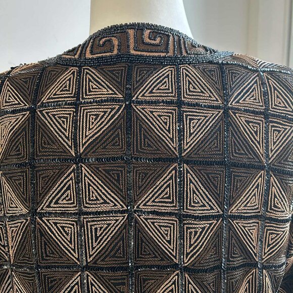 Hand-Beaded Black & Bronze Silk Geometric Jacket w/ Greek Key Borders – US XS/S - Picture 6 of 10